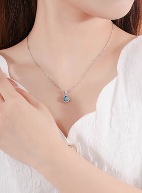 蓝色水滴形托帕石项链女优雅高级感锁骨链首饰