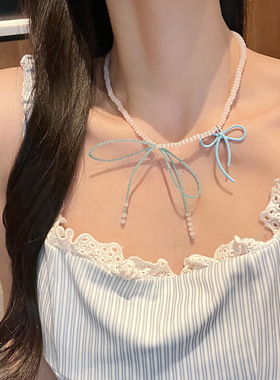 甜美多巴胺蝴蝶结串珠choker项链女春夏季简约时尚高级感锁骨链潮