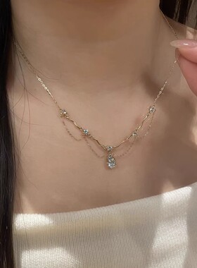 新款拉丝流苏锆石璀璨蓝水滴项链女轻奢小众精致百搭高级锁骨颈链