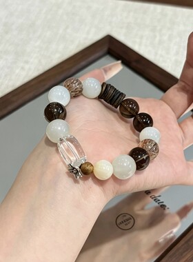 天然白月光黑金超七茶晶手串招财小众设计复古沉香隔片水晶手链女