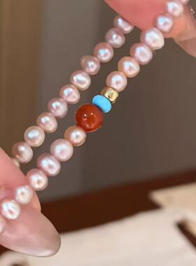 法式粉紫色淡水仿珍珠串珠手链复古宫廷风气质仿南红玛瑙手饰手册