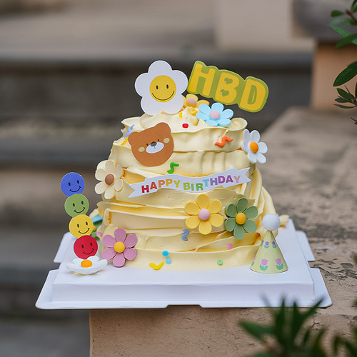 网红INS春游小清新花朵蛋糕装饰复古小熊HBD卡通笑脸儿童派对插件 - 图1