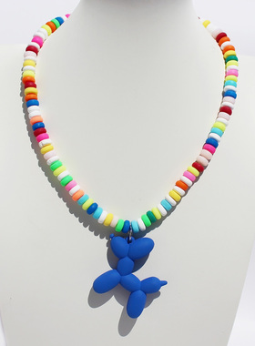 多巴胺彩色软陶串珠项链沙滩海边度假风泰迪狗爱心吊坠锁骨链V32