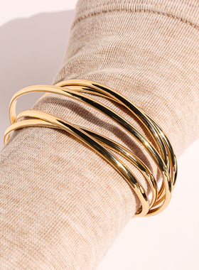 外贸饰品欧美金属风交叉多层开口宽版手镯镂空线条感手腕饰品V155