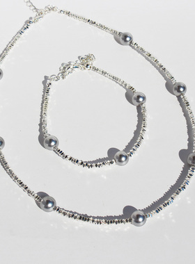 碎银子灰色珍珠串珠项链手链