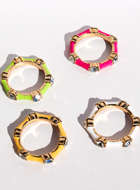 四组套装外贸饰品多巴胺彩色珐琅釉竹节戒指镶嵌闪钻叠戴指环V210