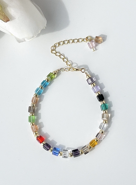 彩色方糖水晶少女项链锁骨链