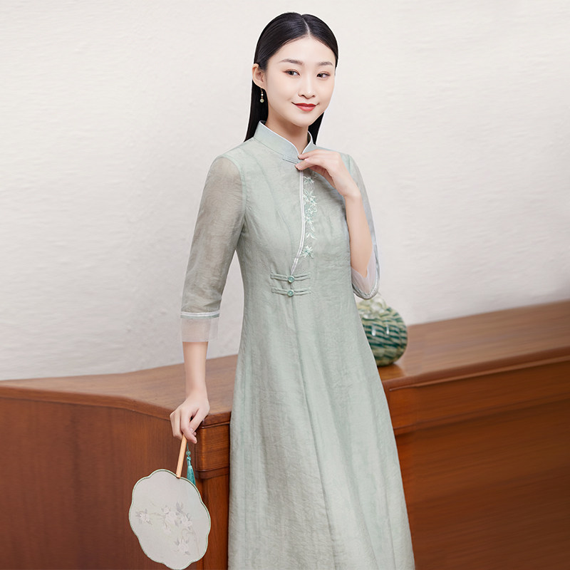 茶服女夏茶艺师中式改良旗袍连衣裙 森莲连衣裙