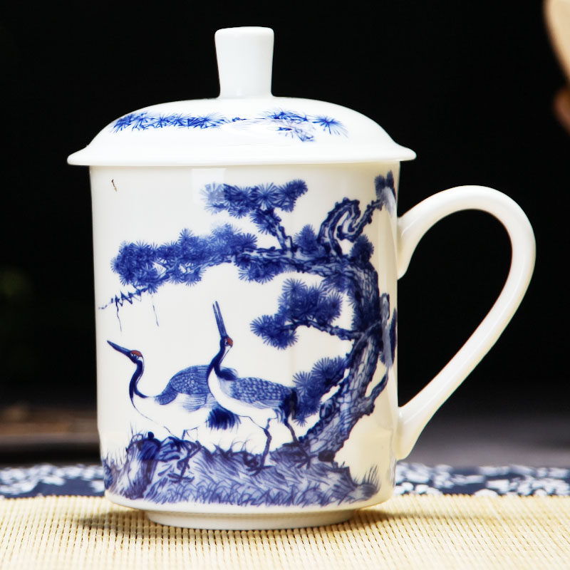 景德镇陶瓷茶杯青花骨瓷杯子水杯礼品办公会议杯子陶瓷带盖定制_虎窝淘