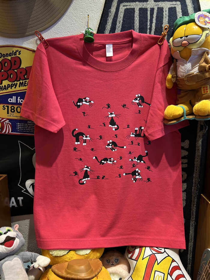 美式复古 vintage 黑猫抓老鼠 220克小领口玫红色纯棉男女情侣T恤,淘宝优惠券,粉丝福利购,淘宝优惠卷