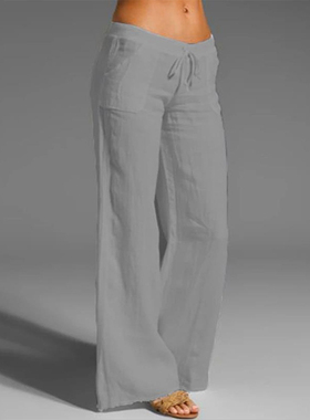 欧美女式高腰阔腿裤棉麻休闲裤女 Women's wide leg pants