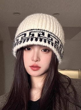 复古提花针织渔夫帽秋冬保暖护耳盆帽百搭大头围显脸小毛线帽子女