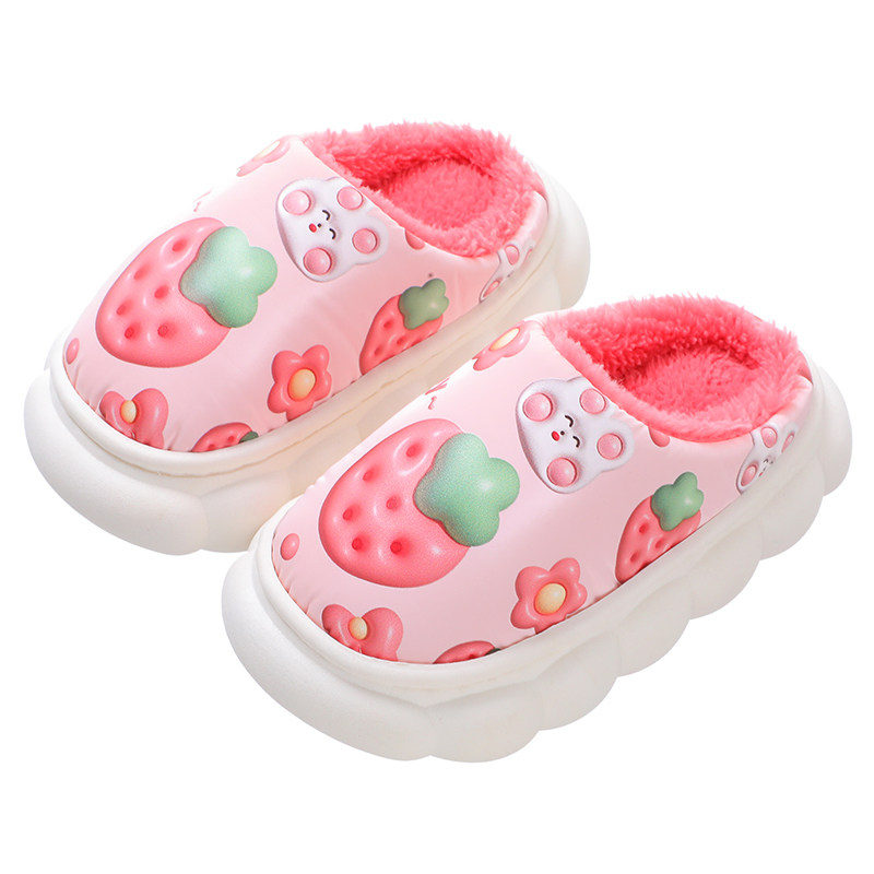 儿童拖鞋冬PU防水皮面棉拖鞋女童家居保暖亲子室内公主宝宝毛拖鞋