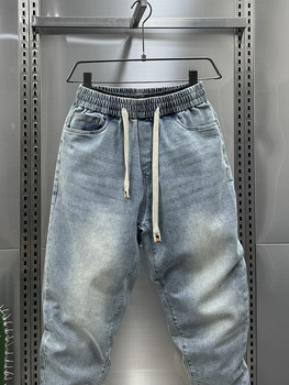 2024 Summer Men's Washed Blue Jeans Loose Harem Pants Carrot Straight Pants Youth Wide Leg Pints