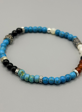 蓝松黑玛瑙925银复古弹力手链