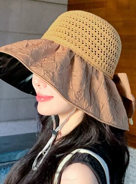 蝴蝶结大檐防晒可折叠遮阳帽女
