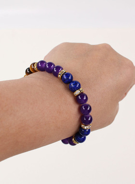 现货原创设计石头手串 紫色青金石手串批货 天然石虎眼石手链串珠