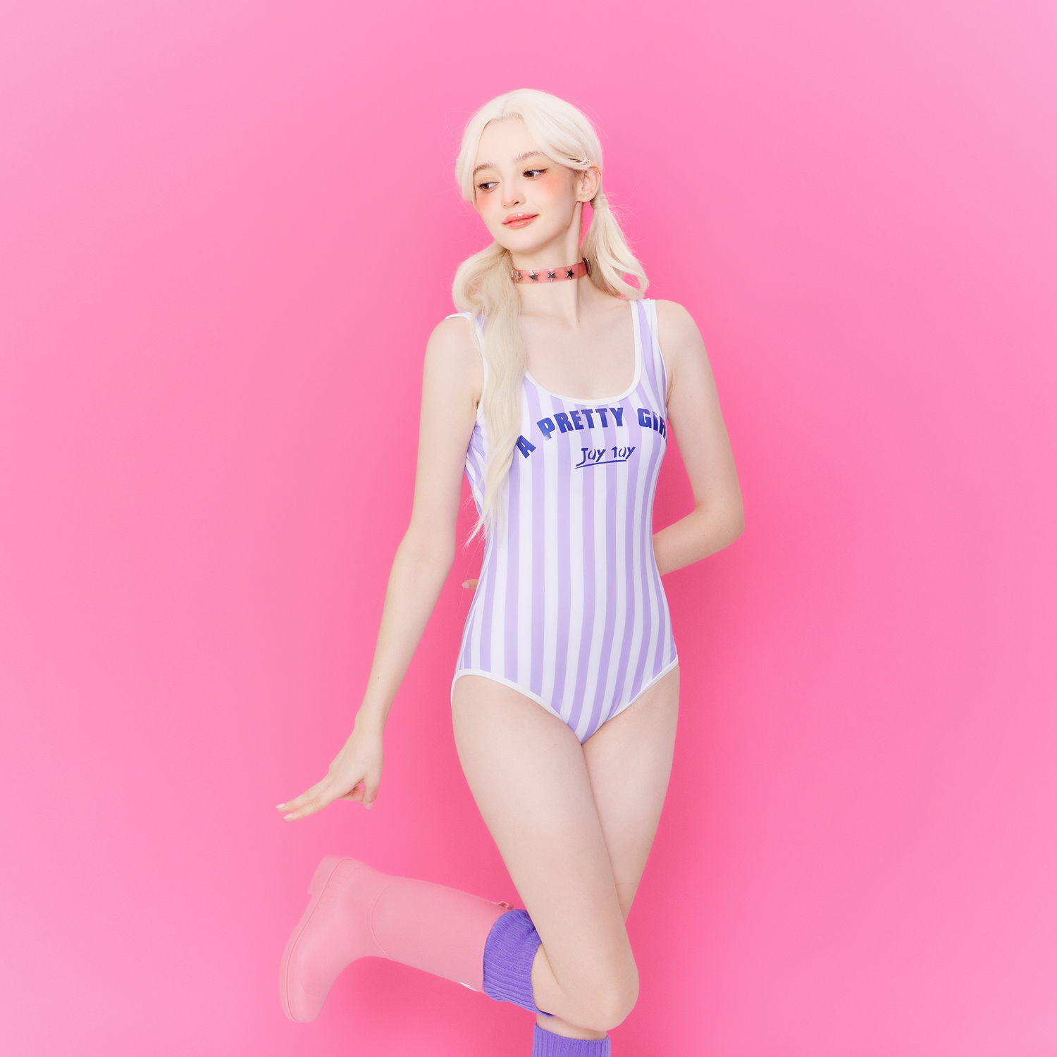 HOLII 2024条纹露背运动鬼马少女多巴胺原创潮流连体温泉游泳衣 - 图0