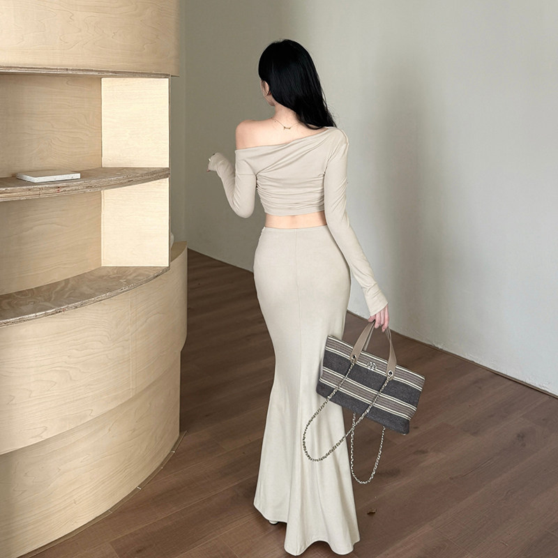 instahot斜肩露腰长袖套装裙女秋季流行风格轻奢宴会约会时尚套装,淘宝优惠券,粉丝福利购,淘宝优惠卷