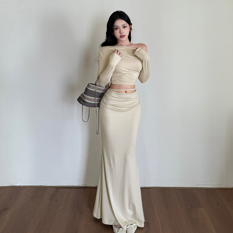 instahot斜肩露腰长袖套装裙女秋季流行风格轻奢宴会约会时尚套装,淘宝优惠券,粉丝福利购,淘宝优惠卷