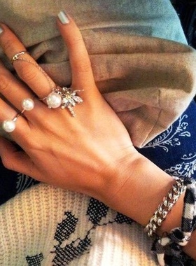 日韩街头潮酷手饰两件套指环水晶花珍珠十字架镶钻心形钥匙戒指