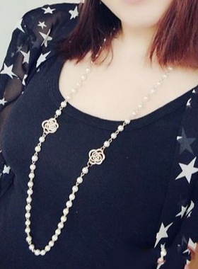 日韩版潮流时尚百搭淑女小香风镂空玫瑰花珍珠链条长款毛衣链项链