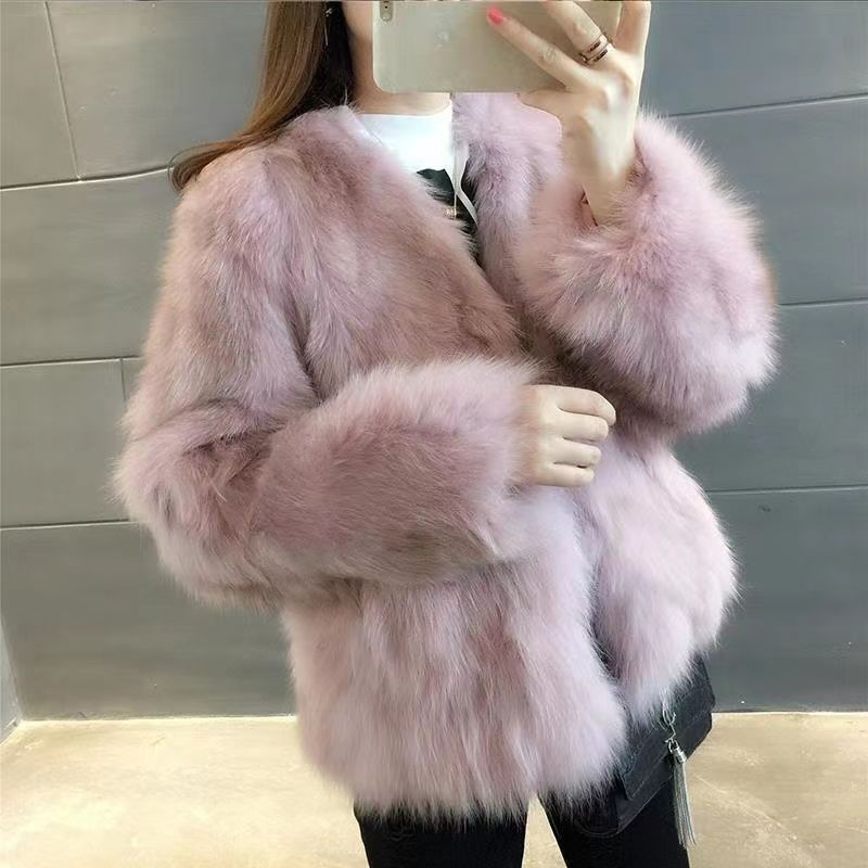 海宁皮草外套女冬仿狐狸毛圆领拉链毛毛加厚