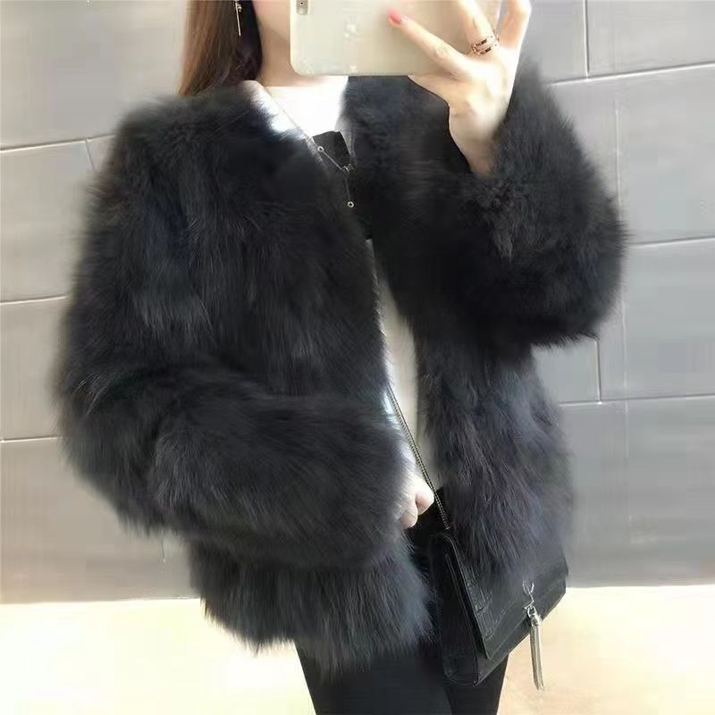 海宁皮草外套女冬仿狐狸毛圆领拉链毛毛加厚