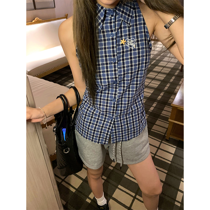 【现货】CCKOK 泡泡格纹海星无袖衬衫夏季薄款格子马甲背心外套女 - 图3