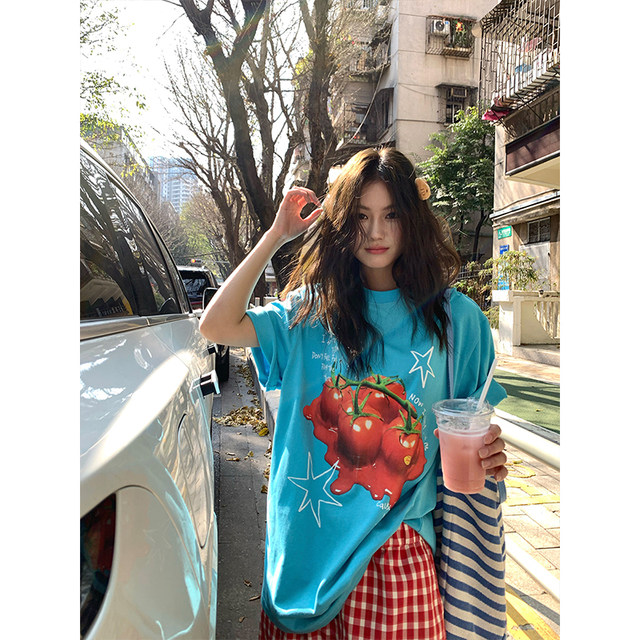 CCKOK tomato print loose lake blue T-shirt