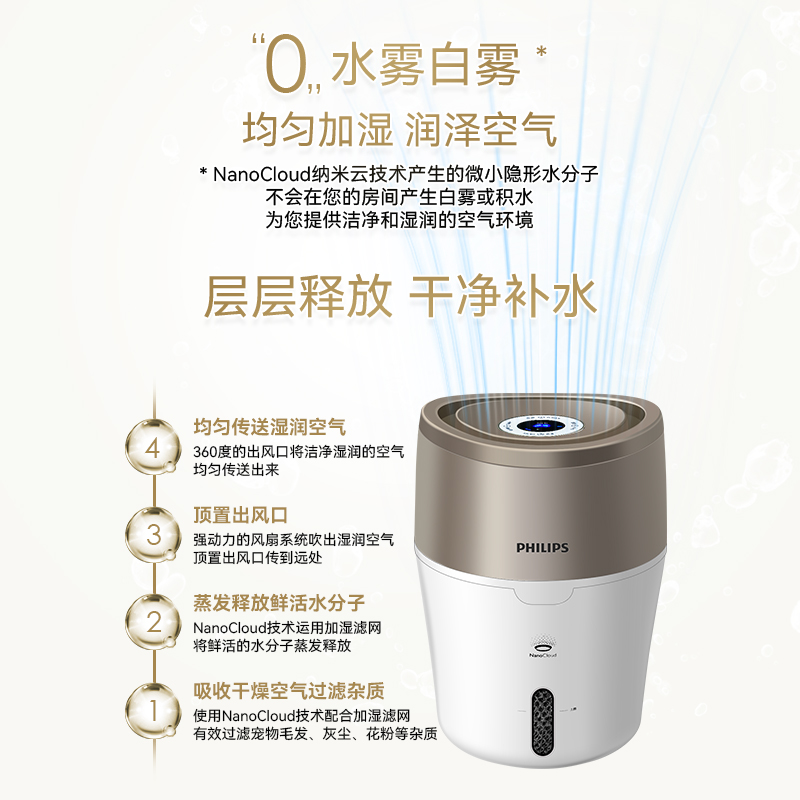 飞利浦家用无雾静音加湿器HU4803/4801婴儿孕妇卧智能大容量正品 - 图1