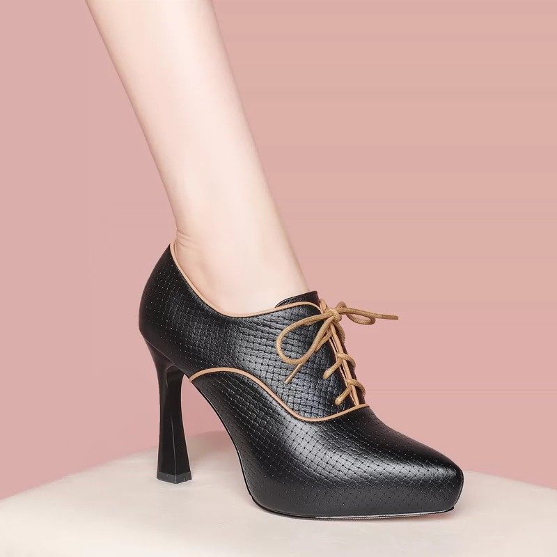 2025年秋新款法式深口单鞋真皮粗跟防水台尖头系带米白色高跟鞋子,淘宝优惠券,粉丝福利购,淘宝优惠卷