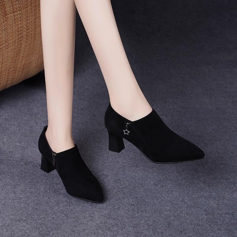 2025新款秋季尖头真皮女皮鞋软皮粗跟水钻高跟鞋春秋中跟深口单鞋,淘宝优惠券,粉丝福利购,淘宝优惠卷