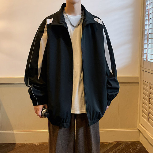 chic早春外套男春秋季新款美式潮牌运动风夹克休闲条纹立领教练服 - 图1