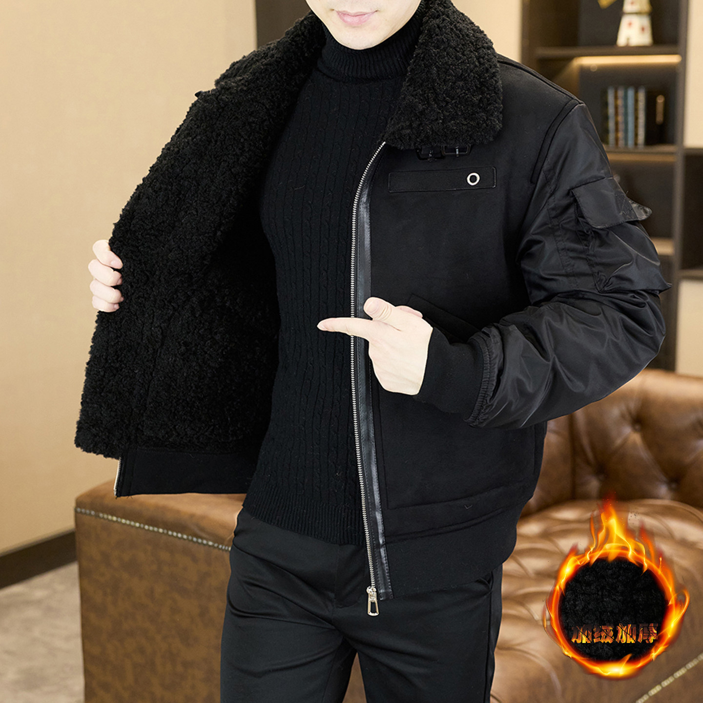 高级感男士皮毛一体外套军绿色毛领夹克加厚保暖防寒棉服帅气皮草,淘宝优惠券,粉丝福利购,淘宝优惠卷