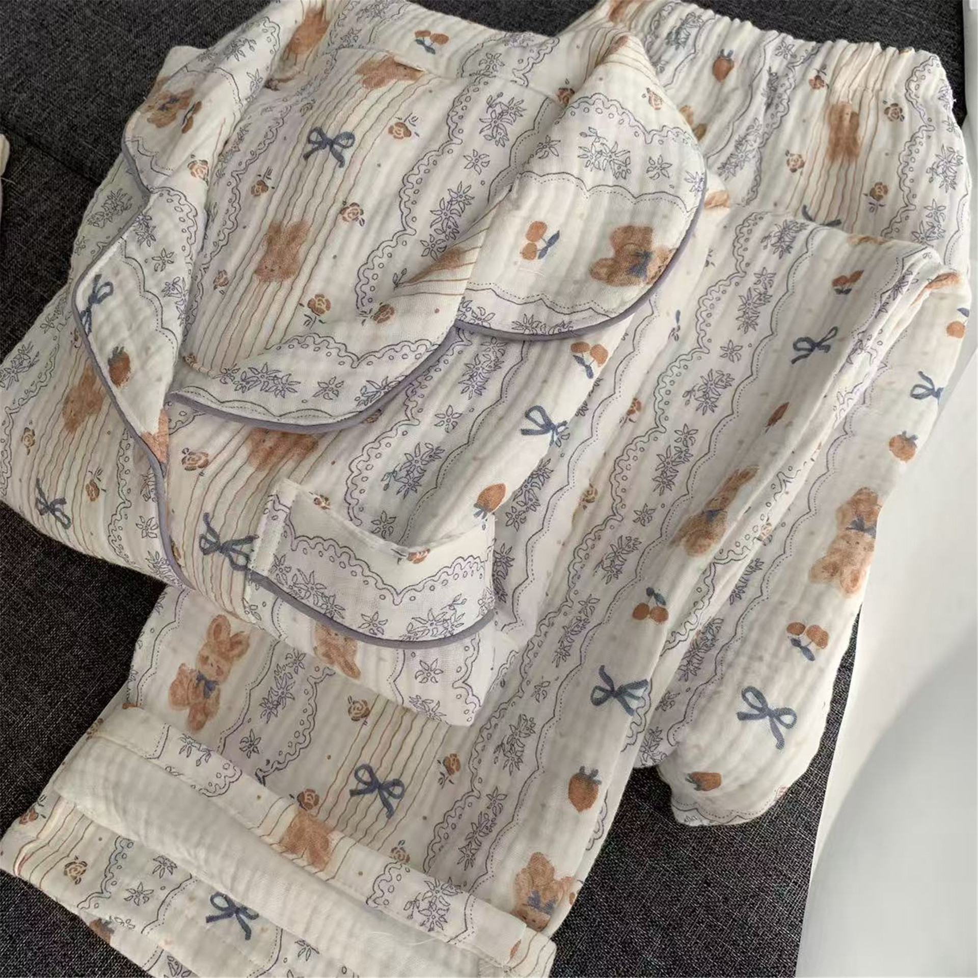 秋季纯棉加厚四层纱布女士家居服睡衣柔软婴儿棉长袖长裤花边小兔,淘宝优惠券,粉丝福利购,淘宝优惠卷