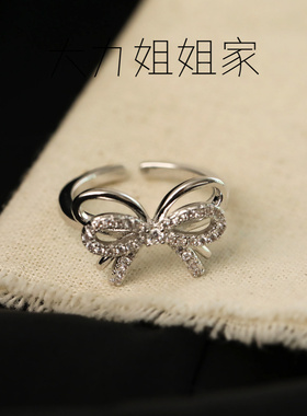 银色甜酷风蝴蝶结锆石戒指女