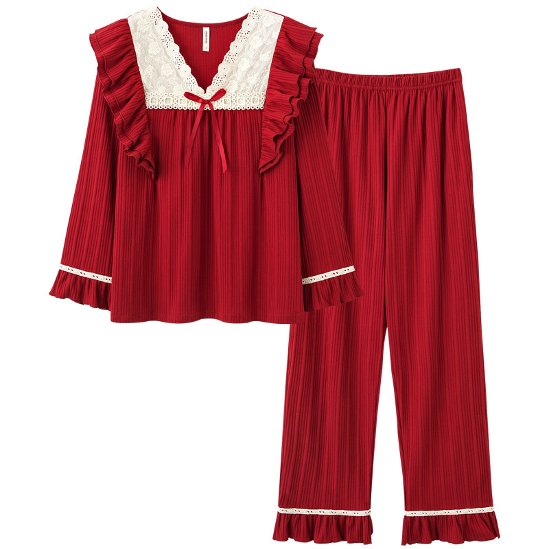 思莉太太情侣春秋款纯棉红色睡衣 思莉太太睡衣/家居服套装