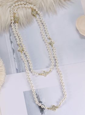 长款珍珠双层项链四叶草毛衣链女