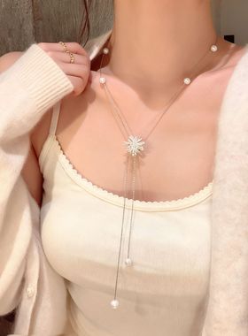 韩版甜美烟花流苏长款珍珠项链女