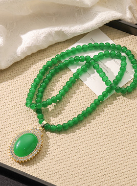 水滴四叶草花朵绿珠长款毛放链女