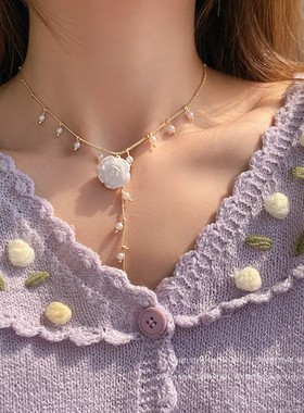 女白色山茶花珍珠花朵颈链长项链