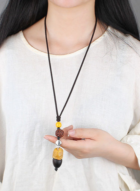 编织棉麻菩提子长款挂坠毛衣链