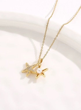 韩版时尚微镶满钻仿珍珠海星吊坠锁骨链个性小众钛钢项链百搭饰品