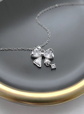 韩版甜美气质银色锆石蝴蝶结项链