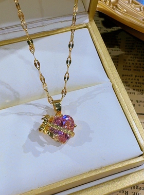 超闪锆石蝴蝶结粉色爱心吊坠项链