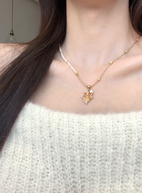 秋冬可抽拉金色闪锆枫叶珍珠项链女轻奢气质毛衣链