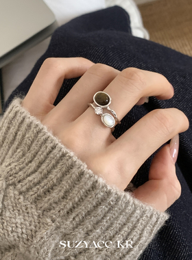 虎眼石水钻双层戒指小众设计复古高级感食指戒质感指环