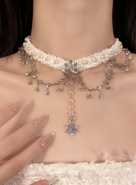 闪钻雪花珍珠毛绒项链女冬日甜美气质choker锁骨颈链配饰
