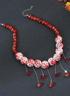 个性欧美万圣节新款项链时尚流苏红色珠子锁骨链女项链饰品
